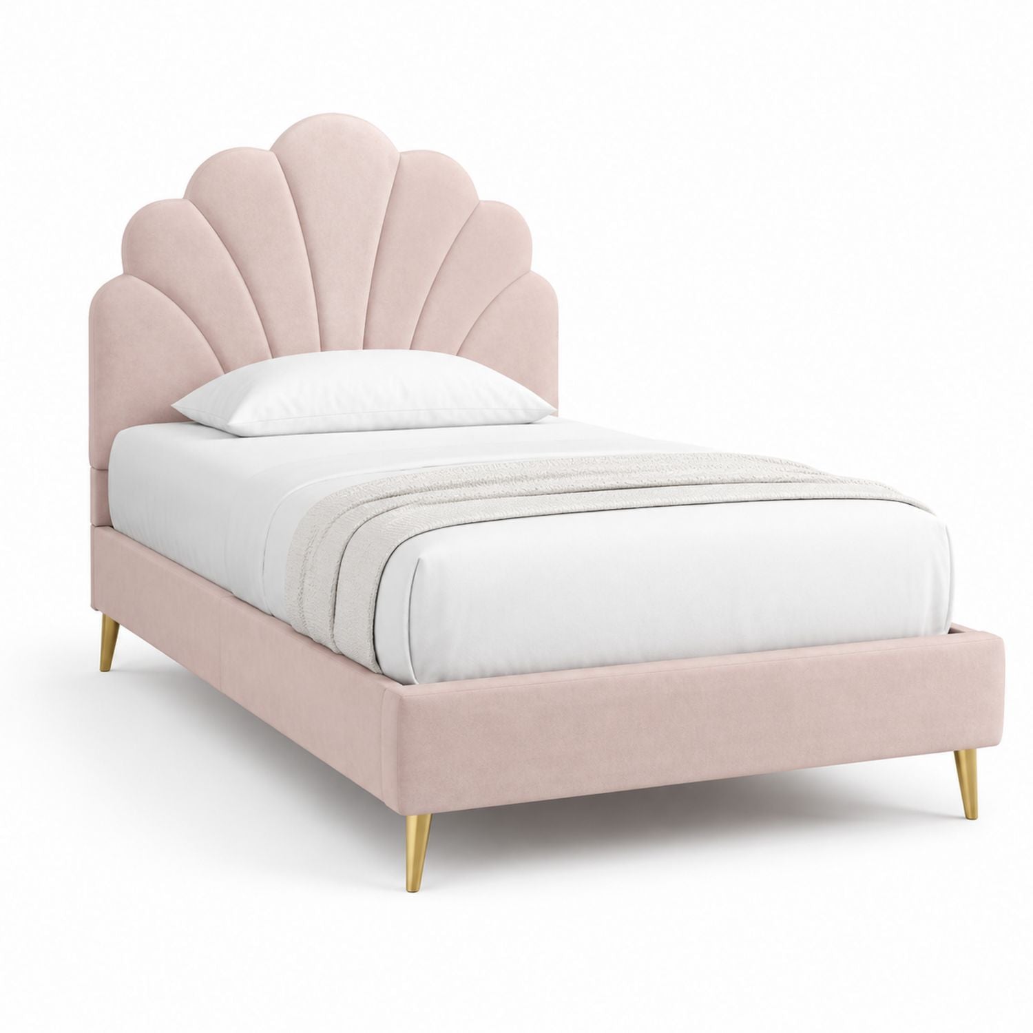 Twin Bed with Velvet Upholstery and Shell Design in Pink