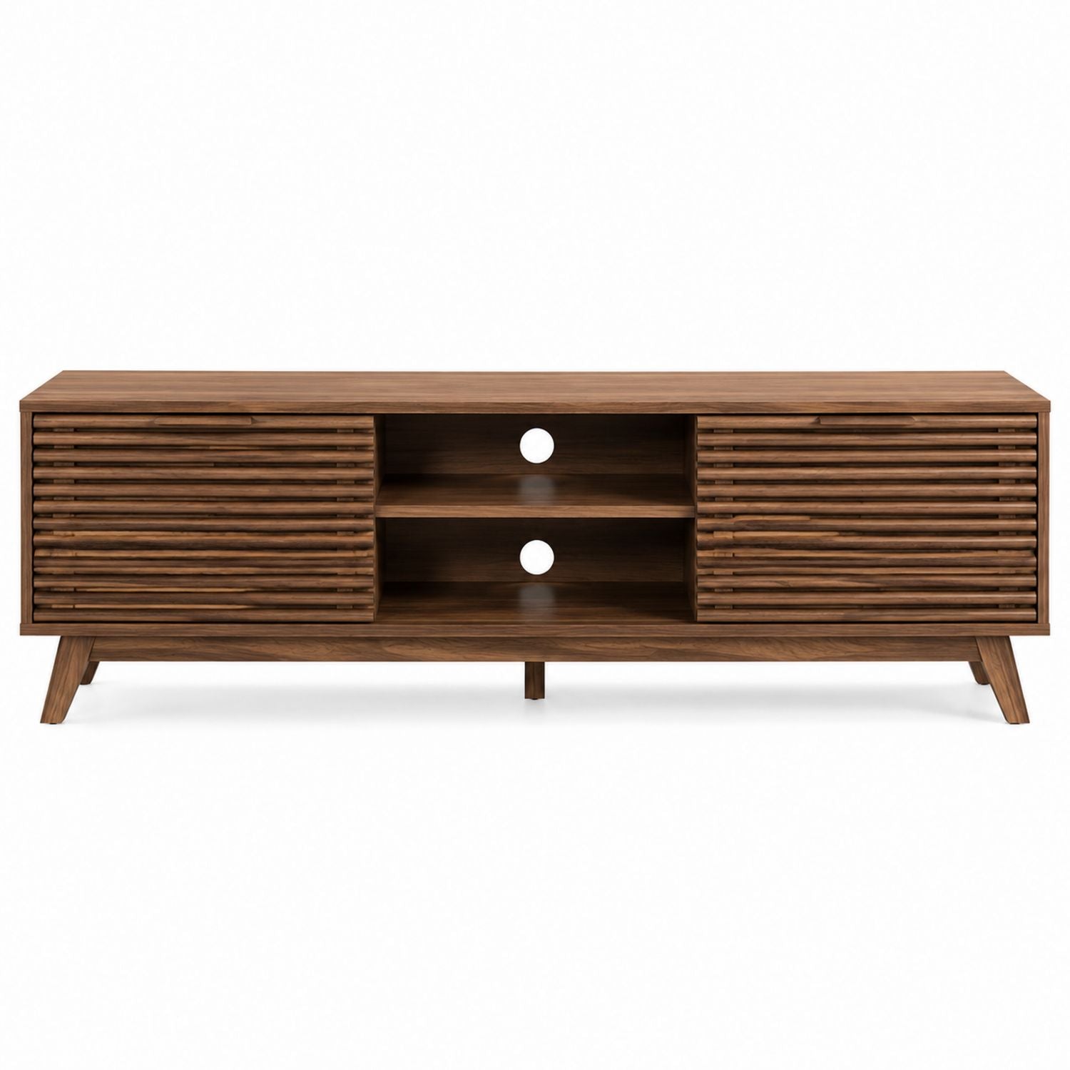 Wood TV Stand with Slatted Doors and Shelves 150cm Brown