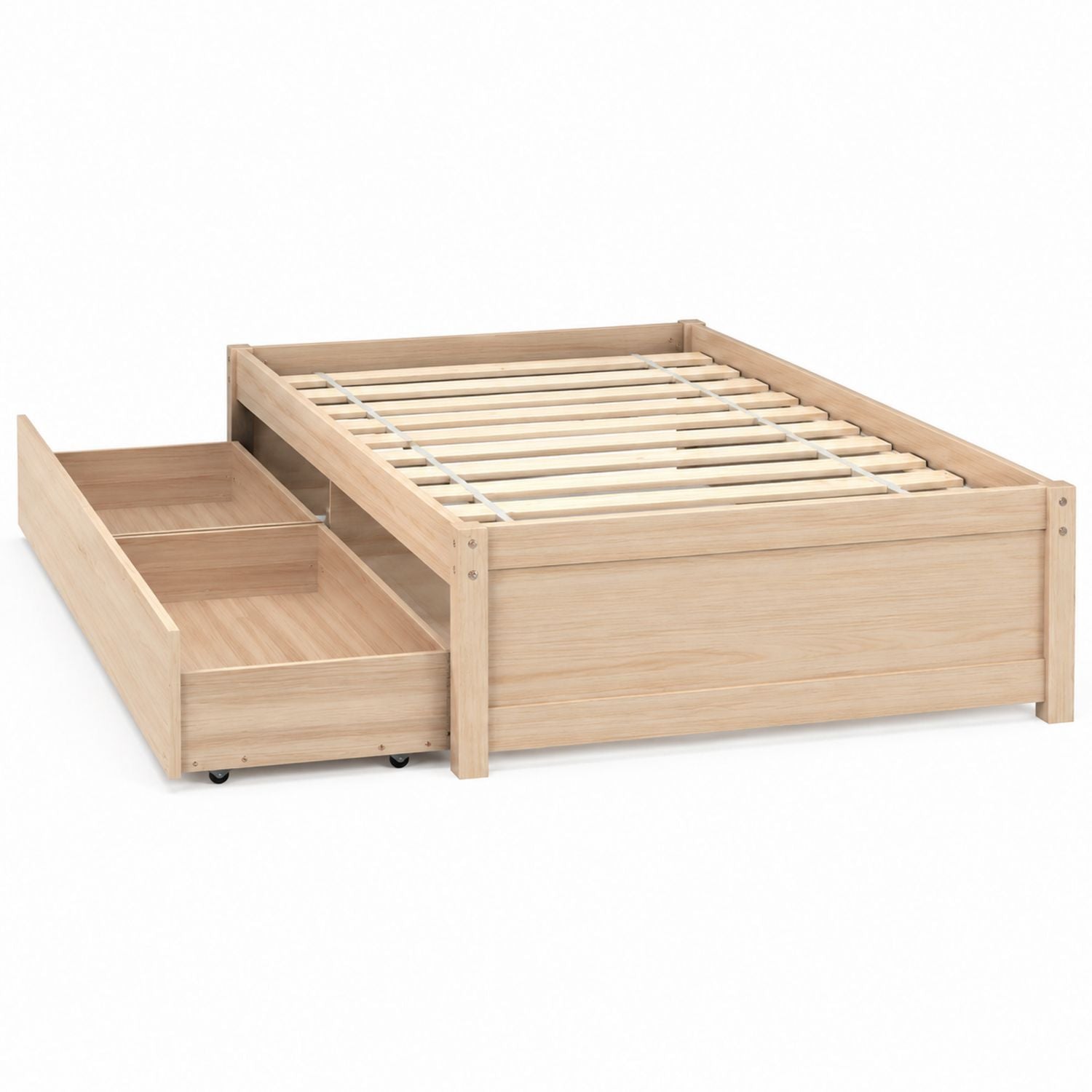 Queen Wood Platform Bed with Storage Drawers Natural Finish 205cm x 160cm x 35cm
