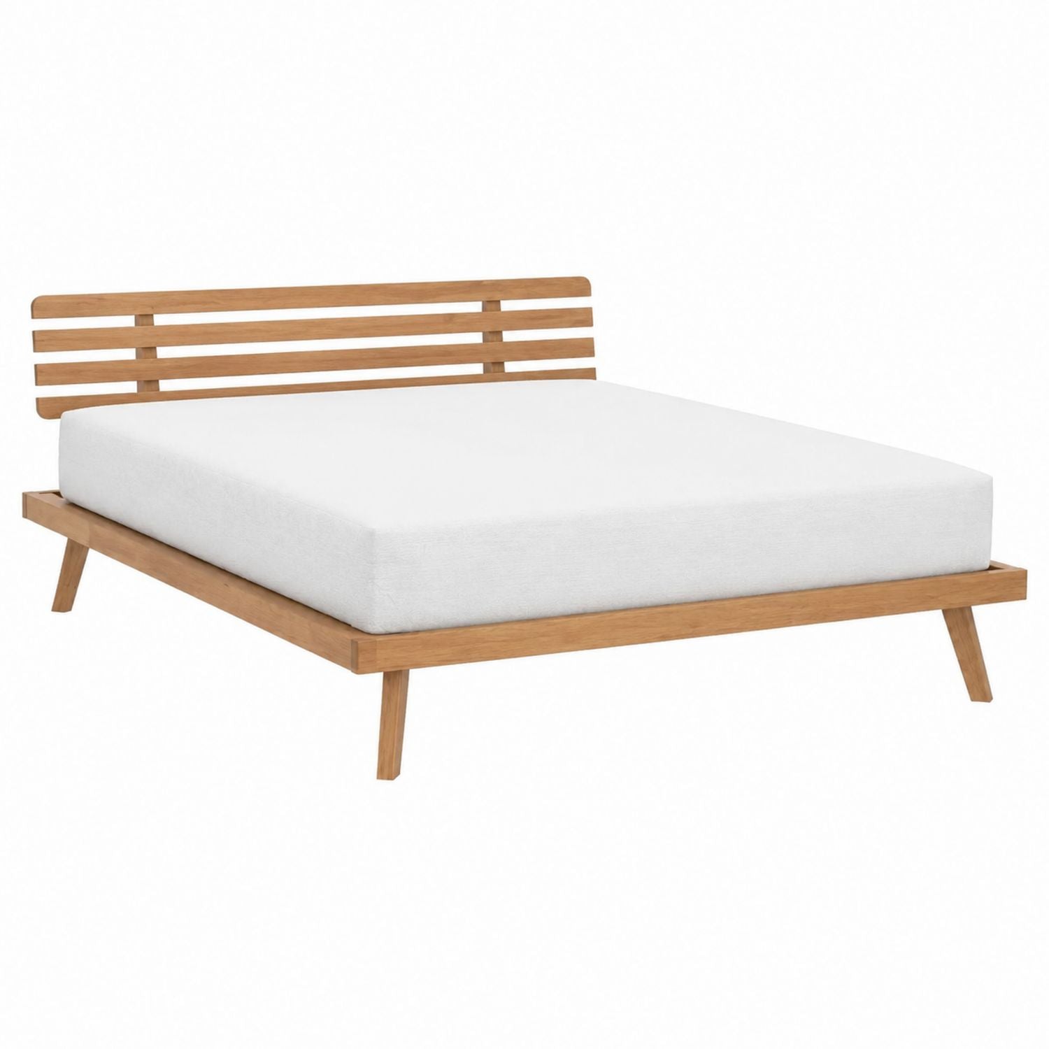 Wood Platform Bed with Slatted Headboard Oak Finish Queen Size