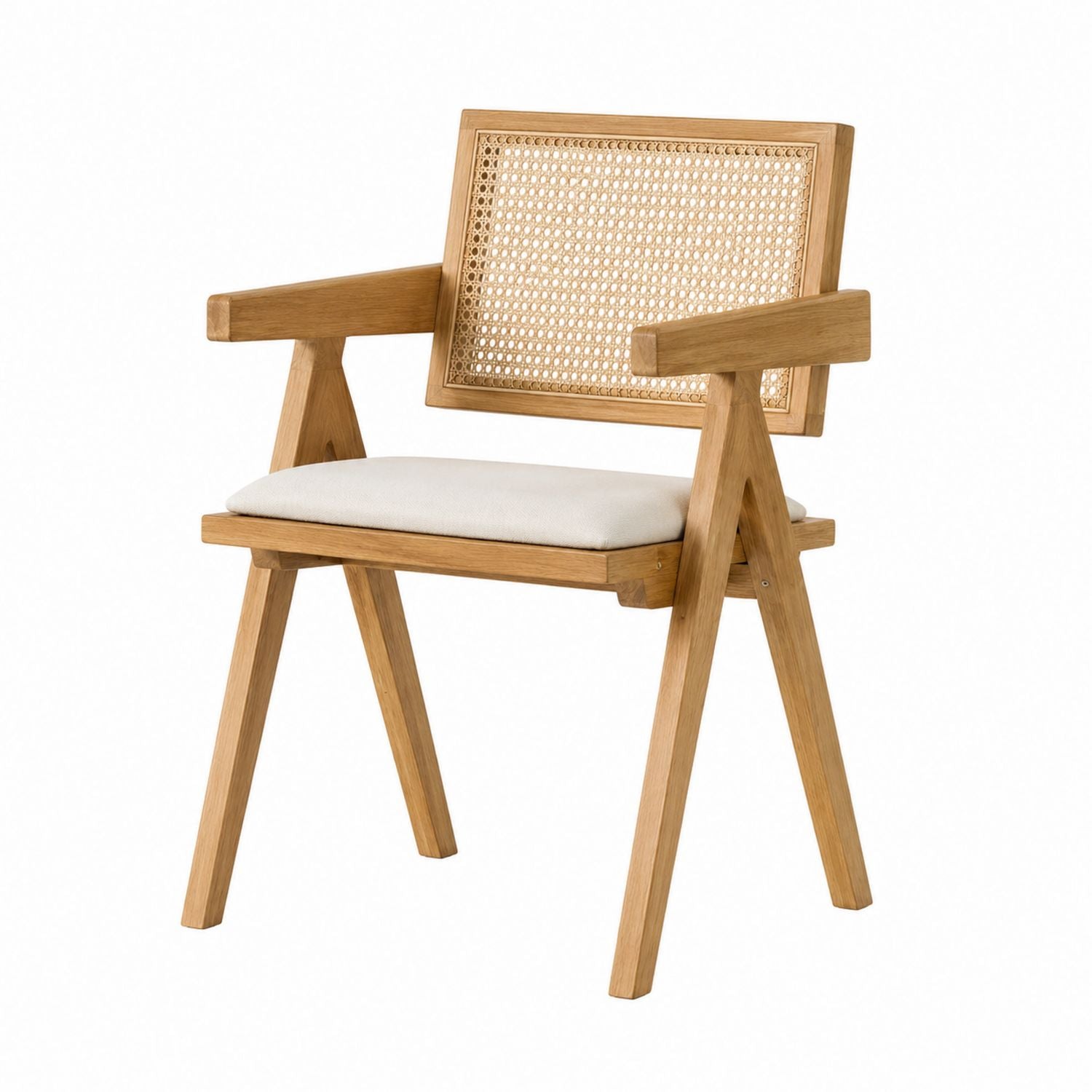 Wood Dining Chair with Rattan Back and Cushioned Seat in Natural Beige
