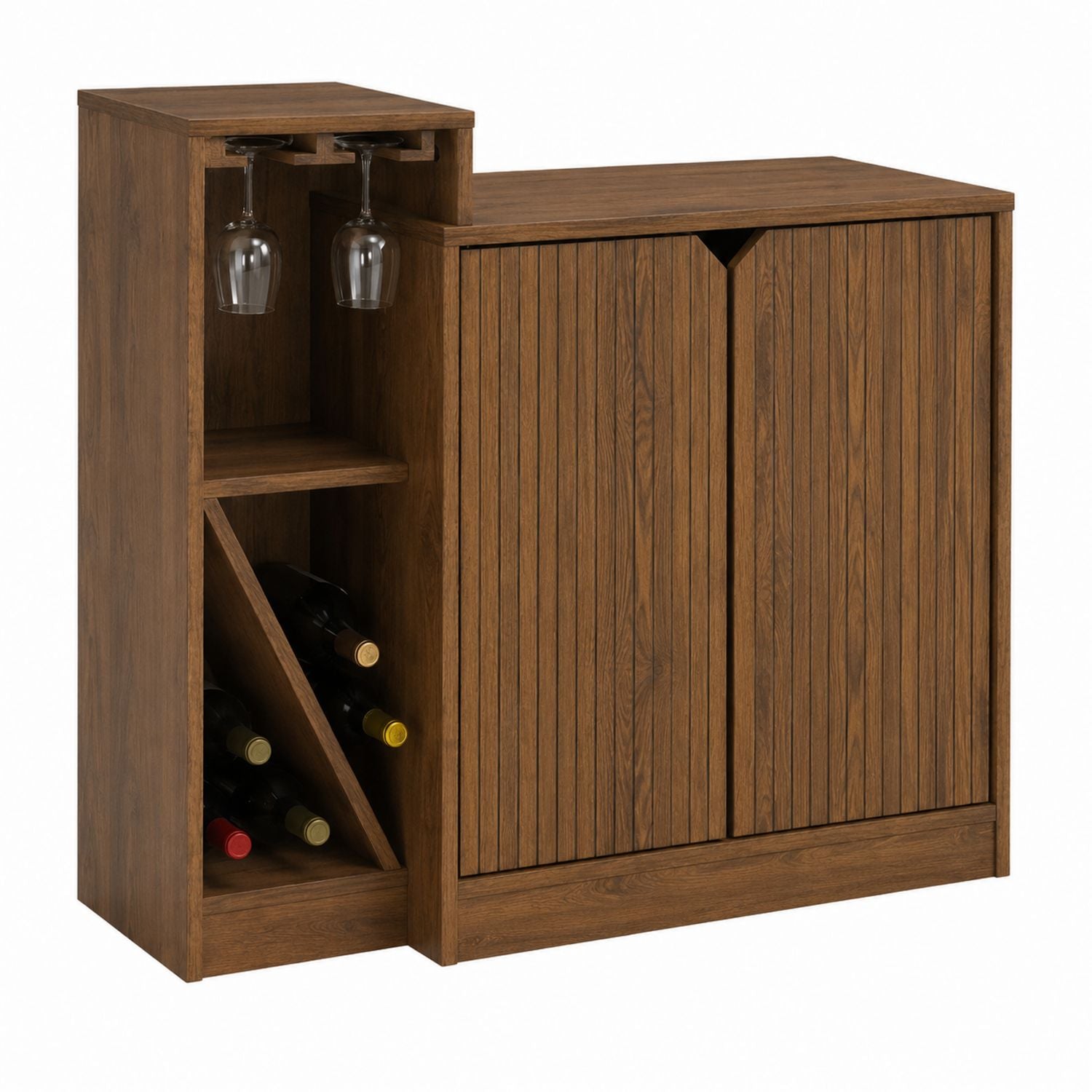 Oak Wooden Bar Cabinet with Wine Storage and Glass Rack